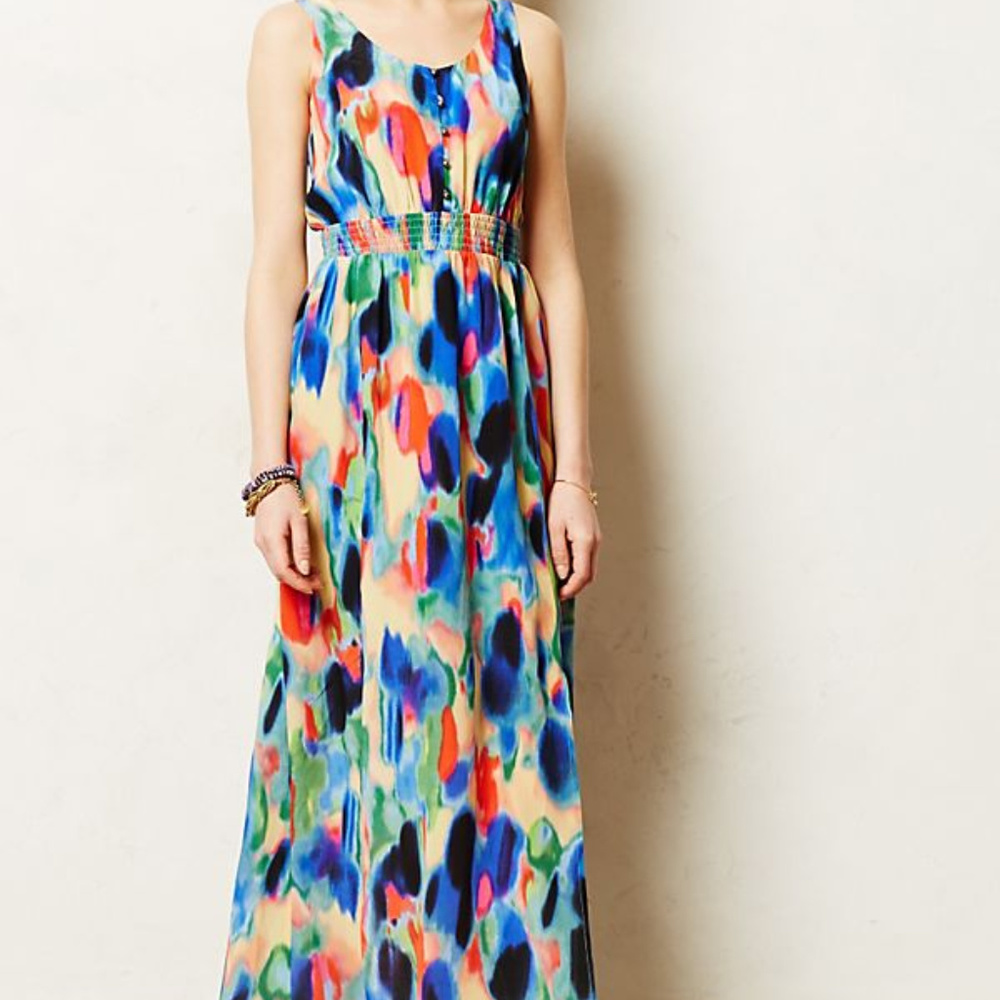 Anthro | Maeve Watercolor Aloisia Silk Maxi Dress